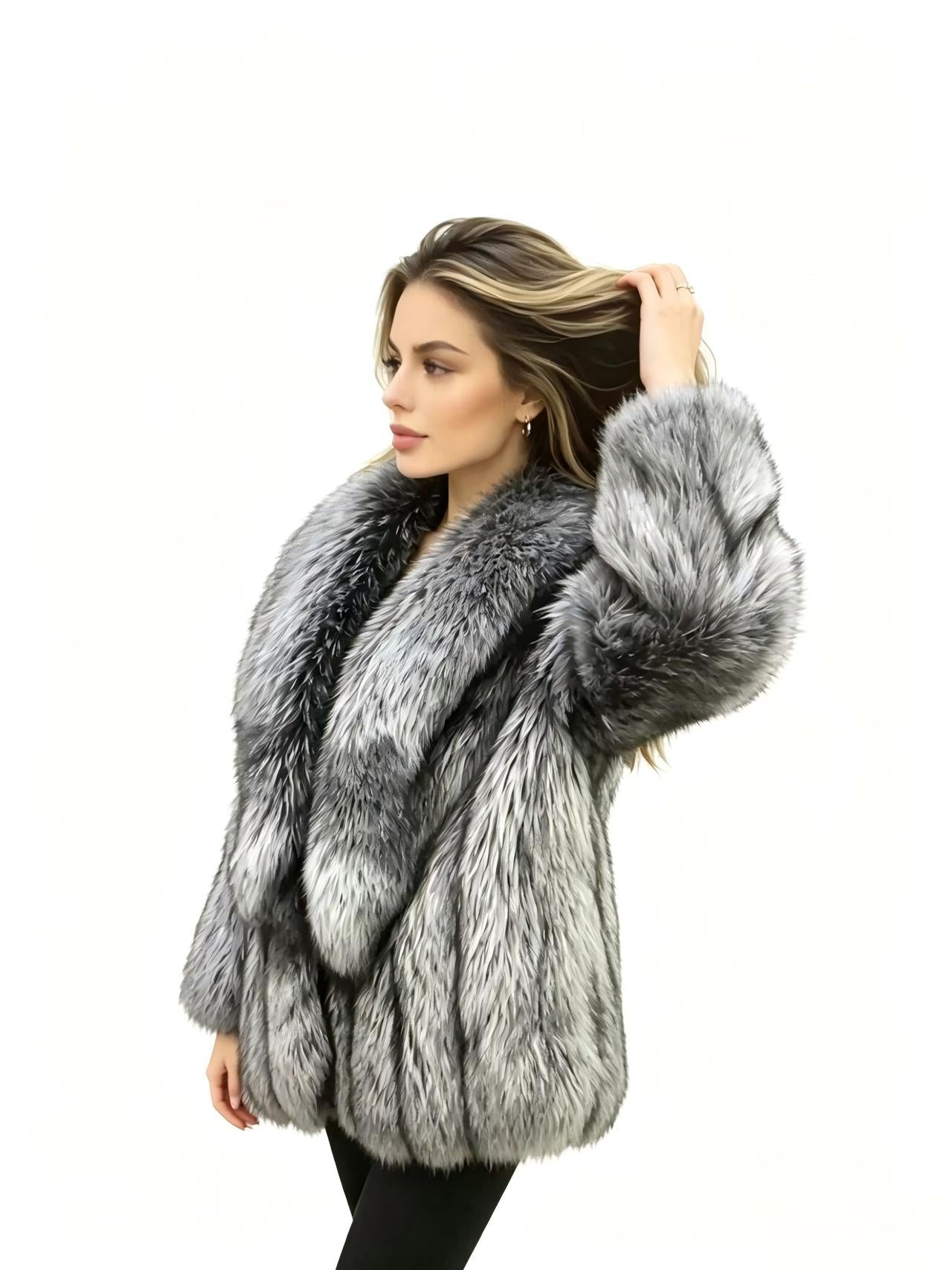 Natural Grey Finnish Fox Fur Overcoat Luxury Winter Outerwear