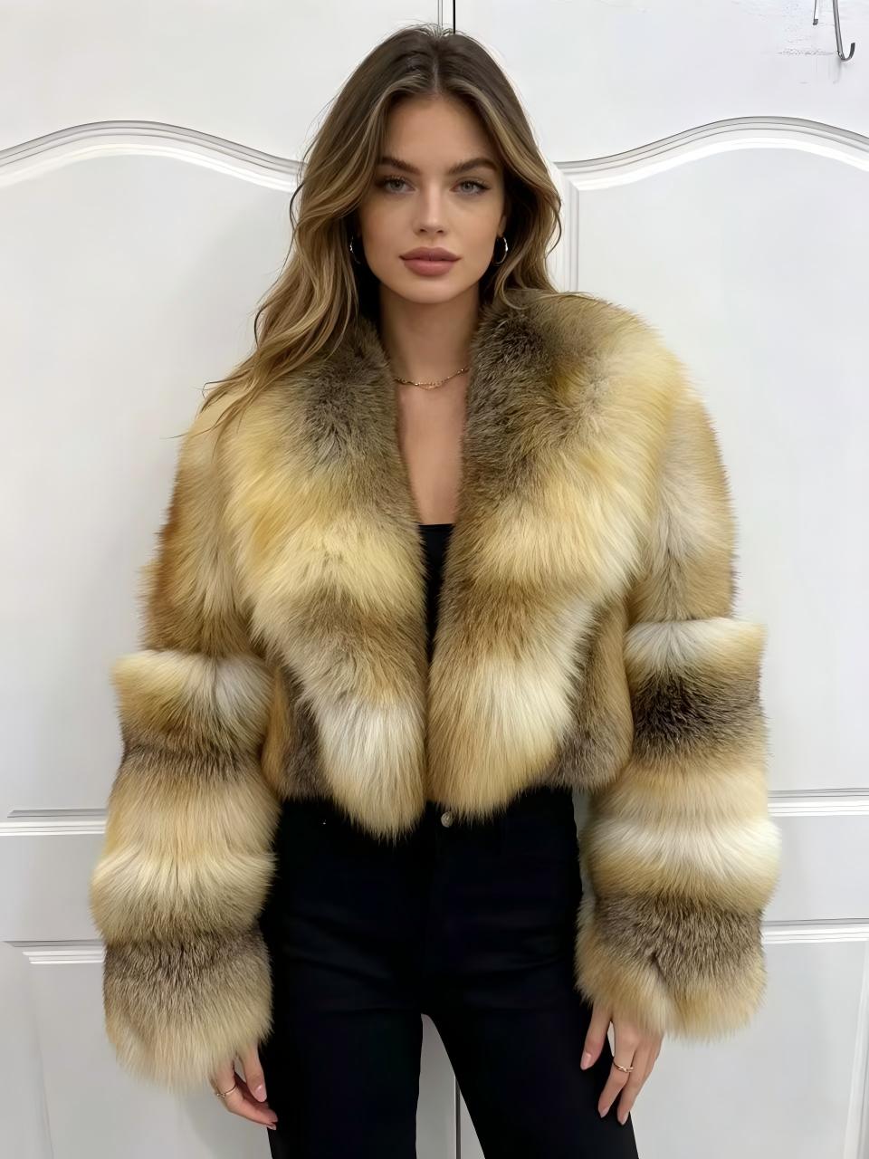 Natural Golden Fox Fur Cropped Jacket Women Luxury Short Real Fur Coat