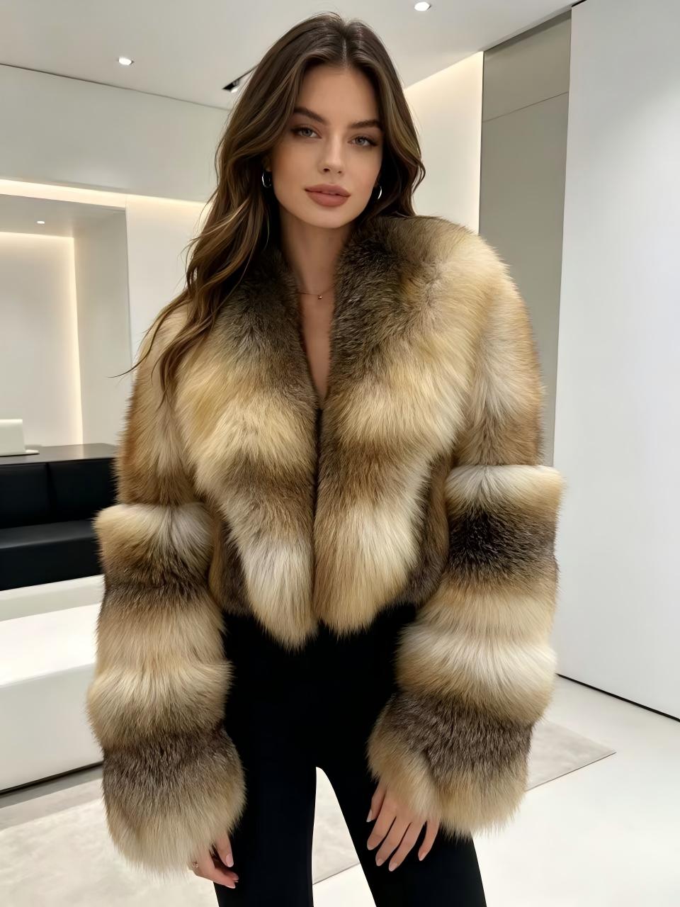 Natural Golden Fox Fur Cropped Jacket Women Luxury Short Real Fur Coat
