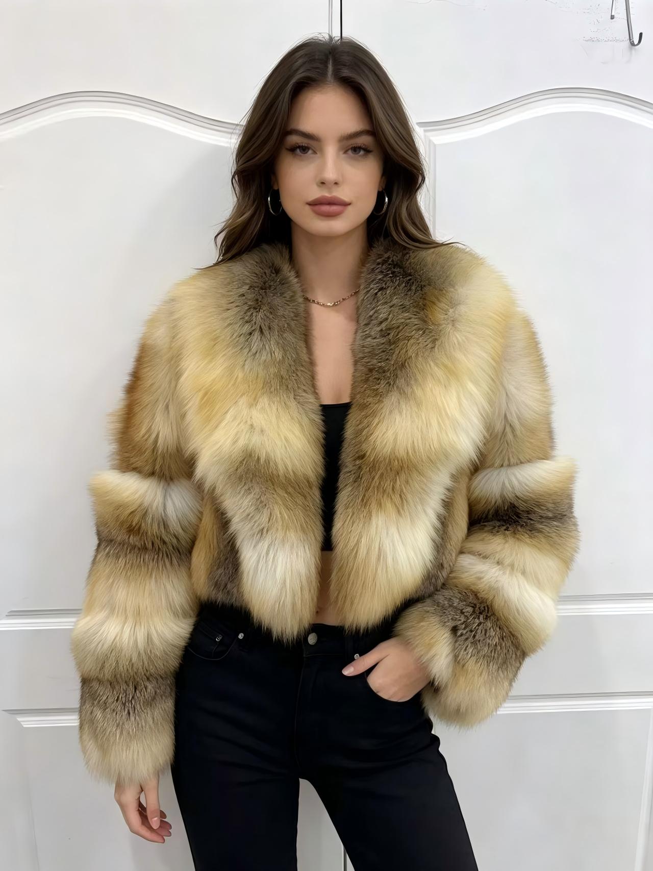 Natural Golden Fox Fur Cropped Jacket Women Luxury Short Real Fur Coat